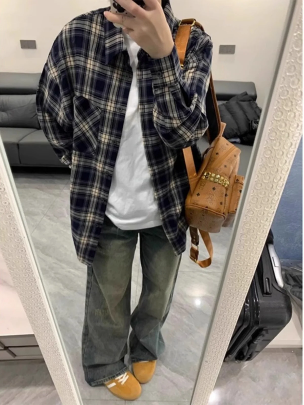 

Мужская свободная рубашка Cleanfit Plaid для весны и осени, утягивающая верхняя одежда, из полиэфирного волокна, с длинными рукавами, на пуговицах