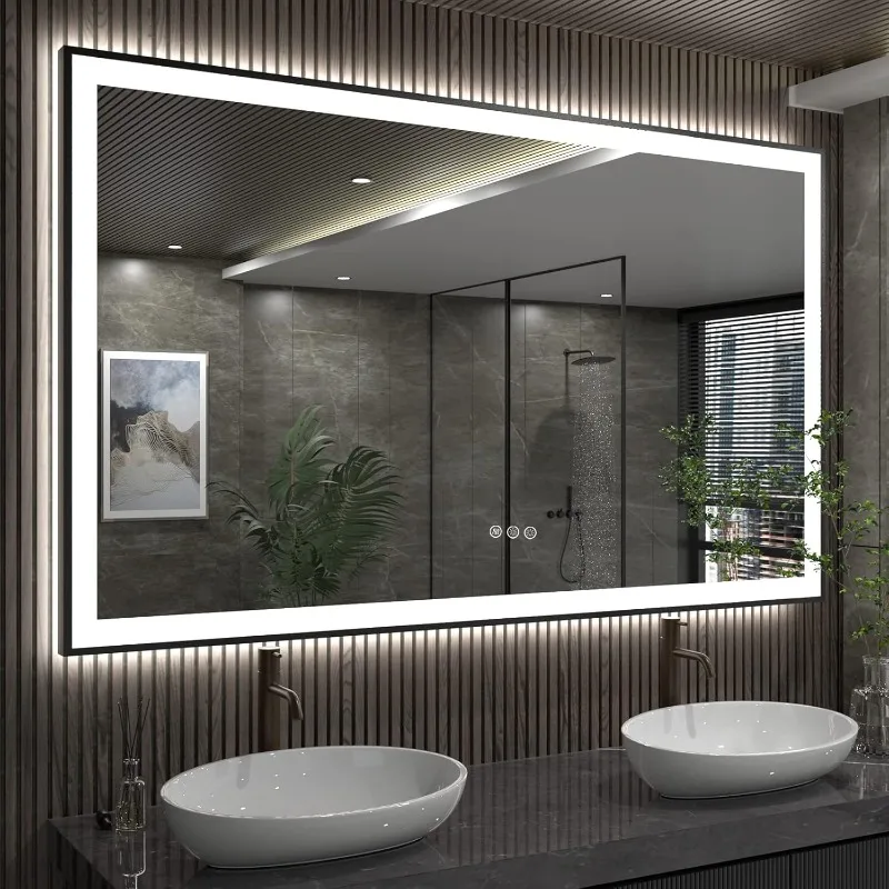 60x38 LED Mirrors with Matte Black Frame for Bathroom Wal Memory, Shatterproof, ETL Listed (Front and Backlit)