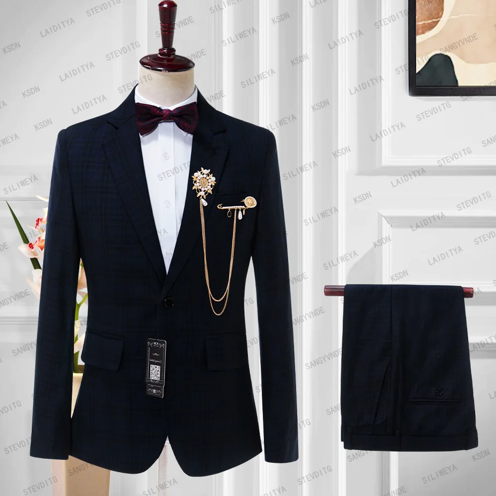 

2023 New Arrival Wedding Suits Dark Blue Plaid Notched Lapel Slim Fit Business Regular Tuxedos（Blazer+Pants）Custom Made