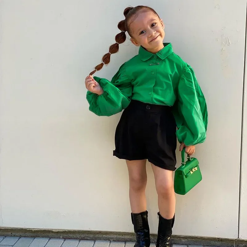 

Spring Autumn Kids Casual Clothes Sets Girls Lantern Sleeve Lapel Solid Shirt Tops + Black Shorts Children's Clothing For 2-7Y