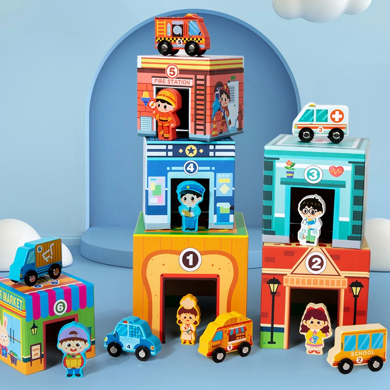 木製シティプレイセット、乗り物とキャラクタービルディングブロック付き、子供向け早期教育知育玩具、シティビルディングブロック