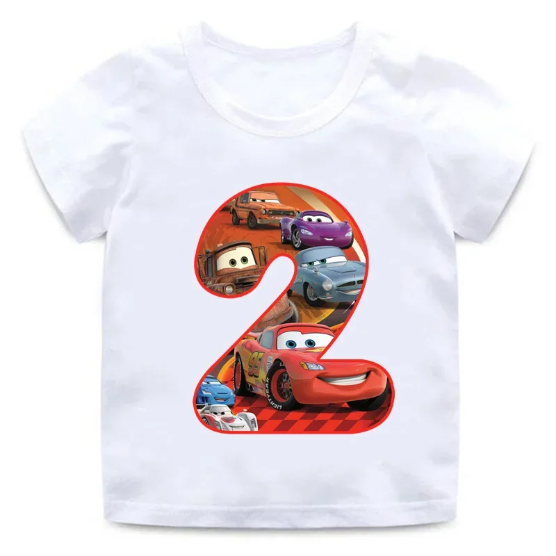 T-shirt Disney Cars Rains McQueen pour enfants, vêtements de décoration de fête d\'anniversaire, dessin animé anime Kawaii, haut décontracté pour