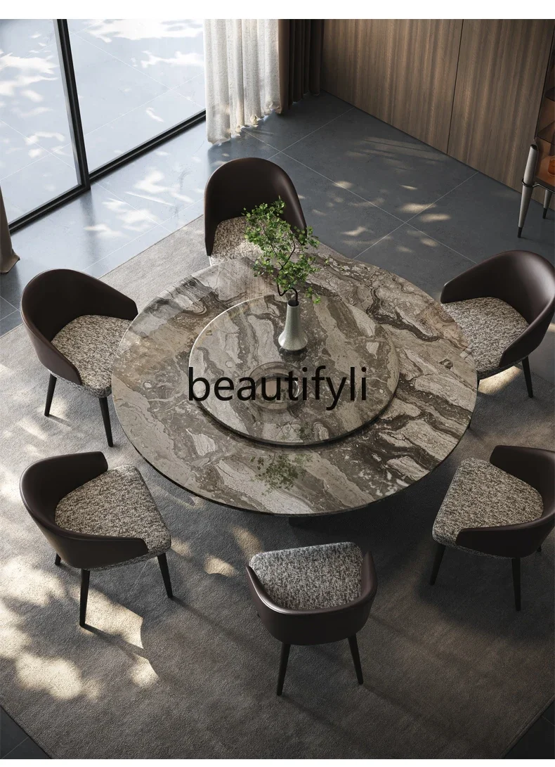 

Italian light luxury high-end villa round dining table natural marble dining table with turntable