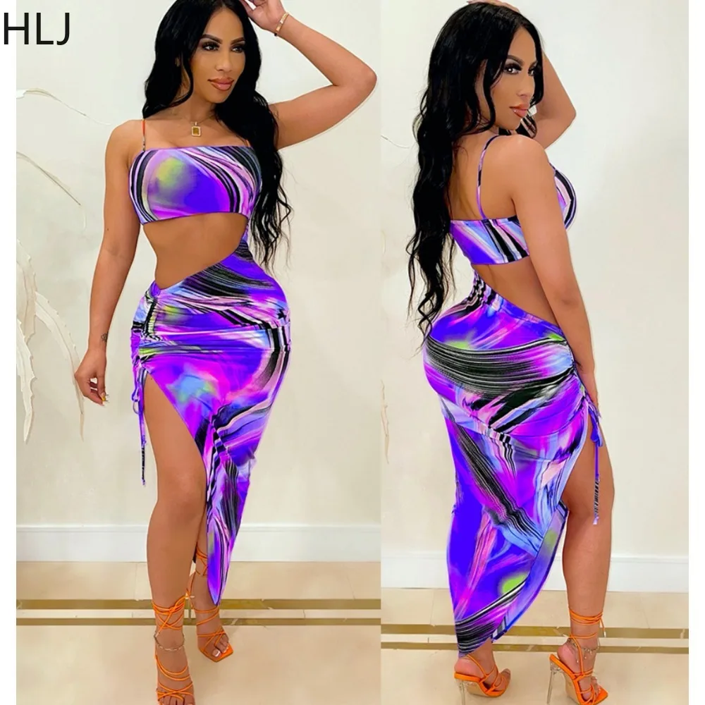 

HLJ Sexy Tie Dye Print Bodycon Irregular Suspenders Dress Women Strap Sleeveless Drawstring Vestidos Fashion Female Streetwear