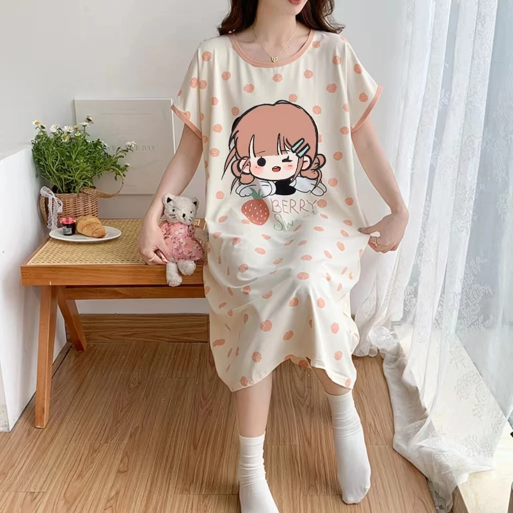 Summer Pajamas Nightgowns Women Short-Sleeved Cartoon Students Girls Cute Loose Nightgown Lazy Big Size Pajamas Homewear