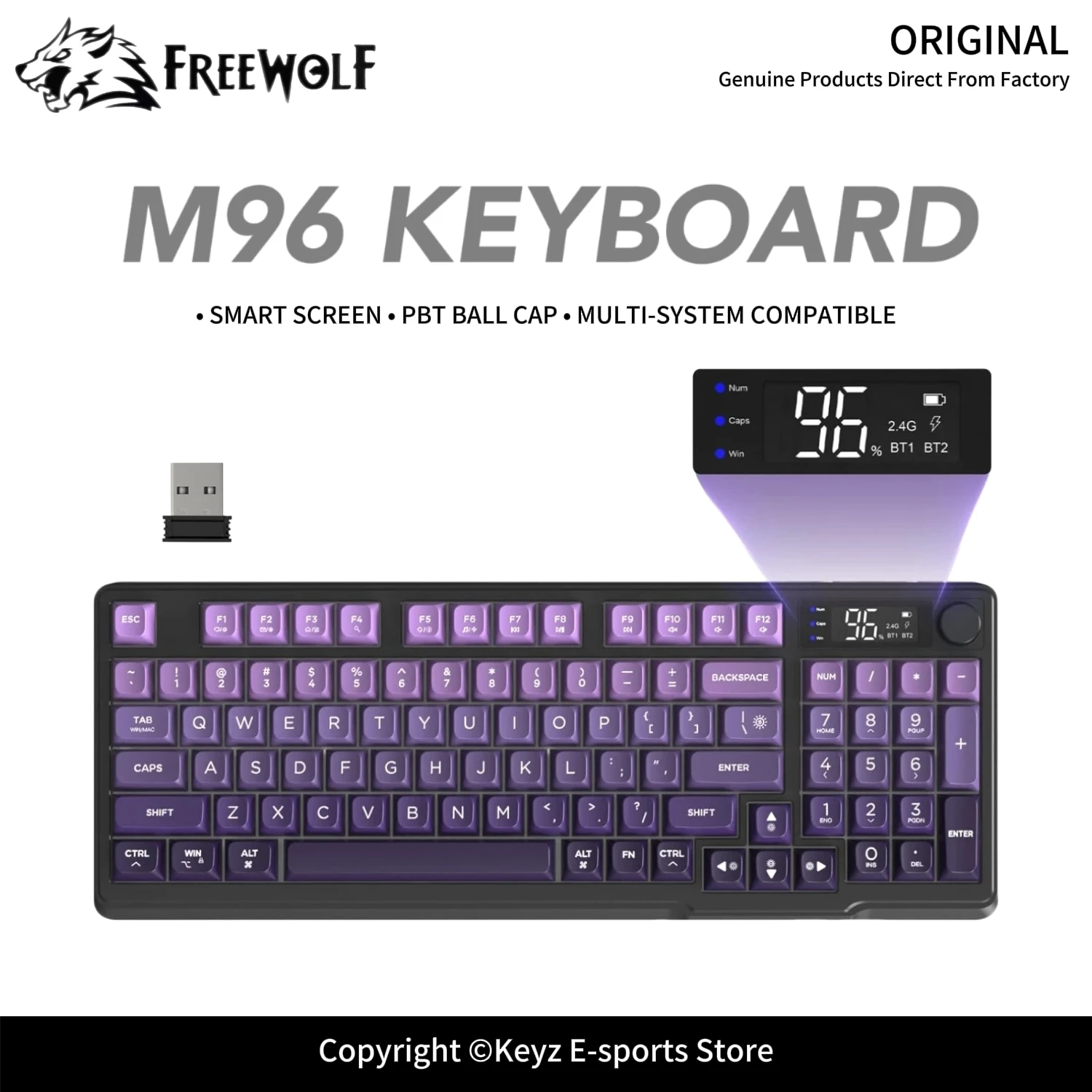 FREEWOLF M96 Tri-Mode Wireless Mechanical Keyboard 2.4G Bluetooth Hot Swappable PBT Keycaps RGB Backlight Digital Display for PC
