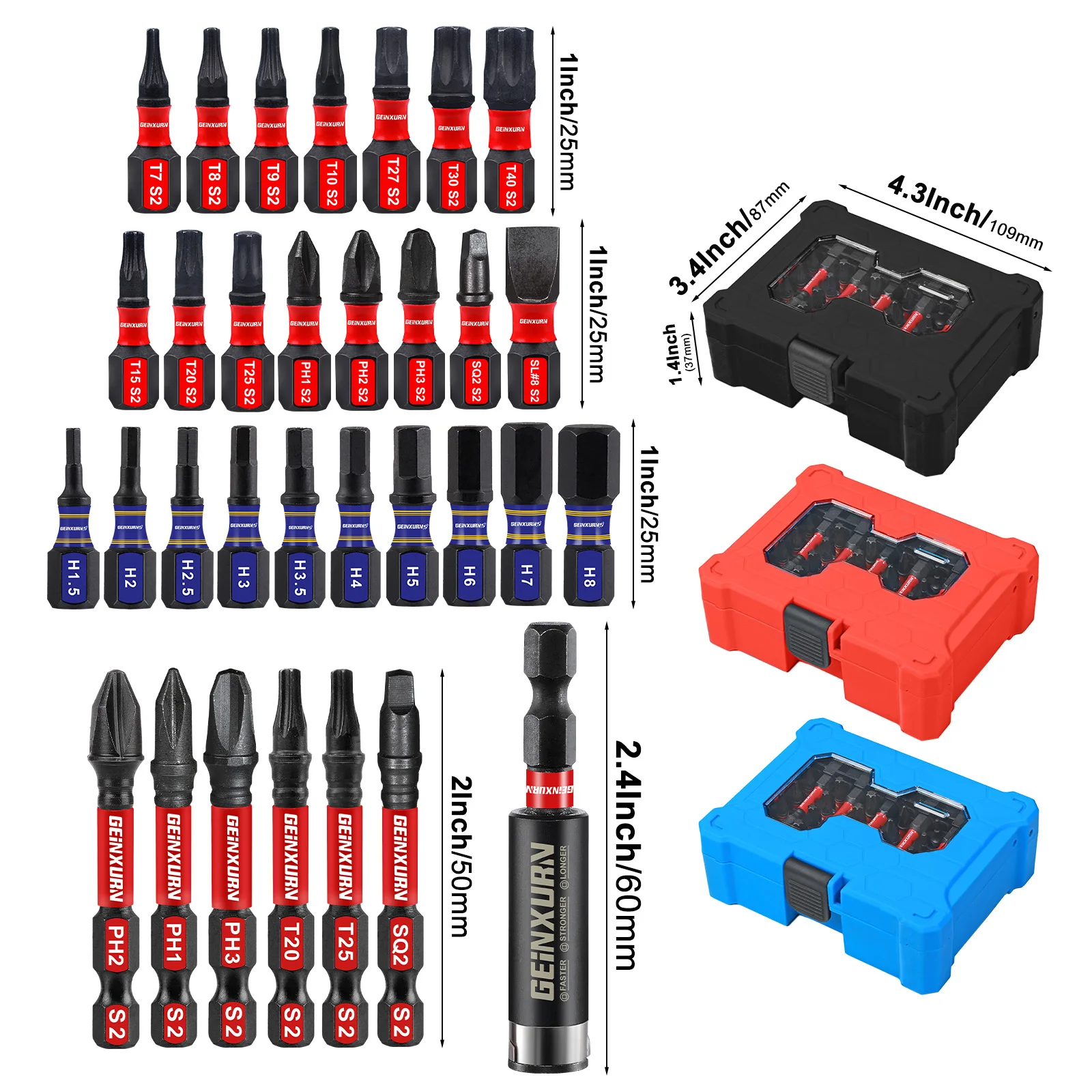 Geinxurn Box Packaged Hex Screwdriver Bit Set(BLACK/BLUE/RED), S2 Steel Impact Magnetic Power Bit with Impact Bit Holder