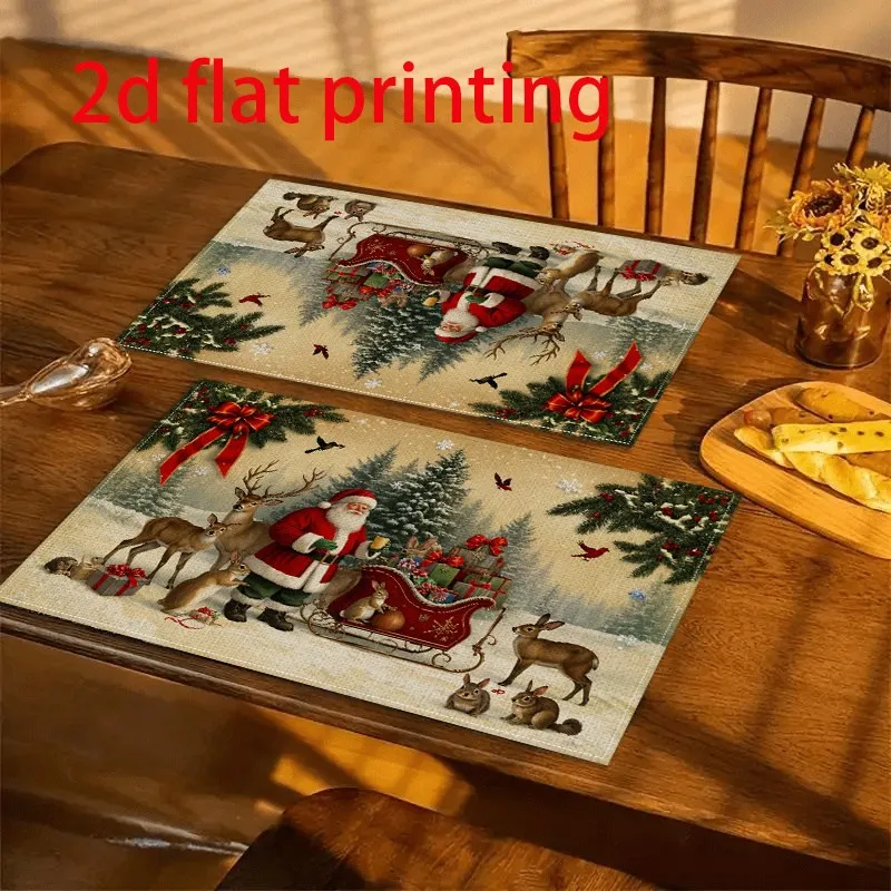 VIKAMA Christmas Linen Placemats, Santa Sleigh Reindeer Pink Sky, Machine Washable Heat Resistant, Holiday Dinner