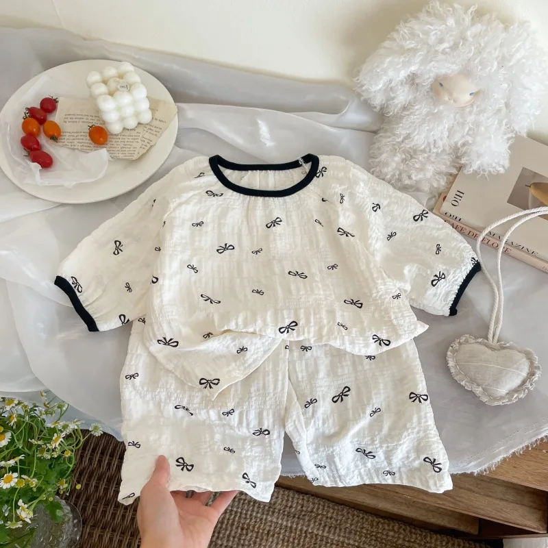 Baby Light Air-conditioning Clothes Sweet  Cute Floral Pajamas Simple Children's Cotton Gauze Homewear Set Thin Toddler Pajamas