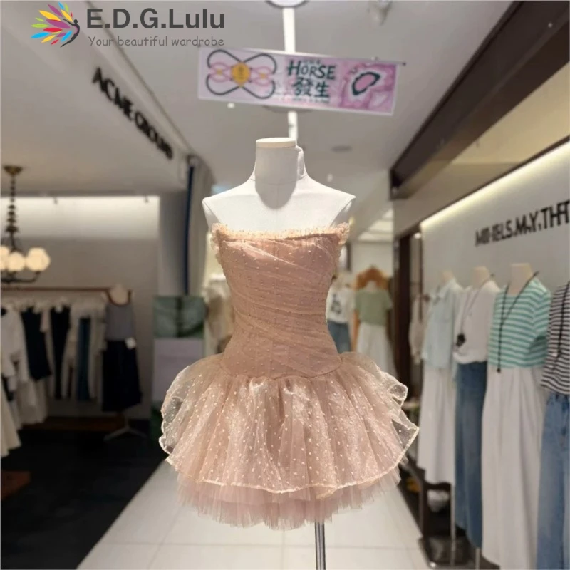 EDGLuLu Strapless Sleeveless Mesh Dots Summer Dresses 2026 Drawstring Lace-Up Backless Sexy Club Outfit For Womens 0424