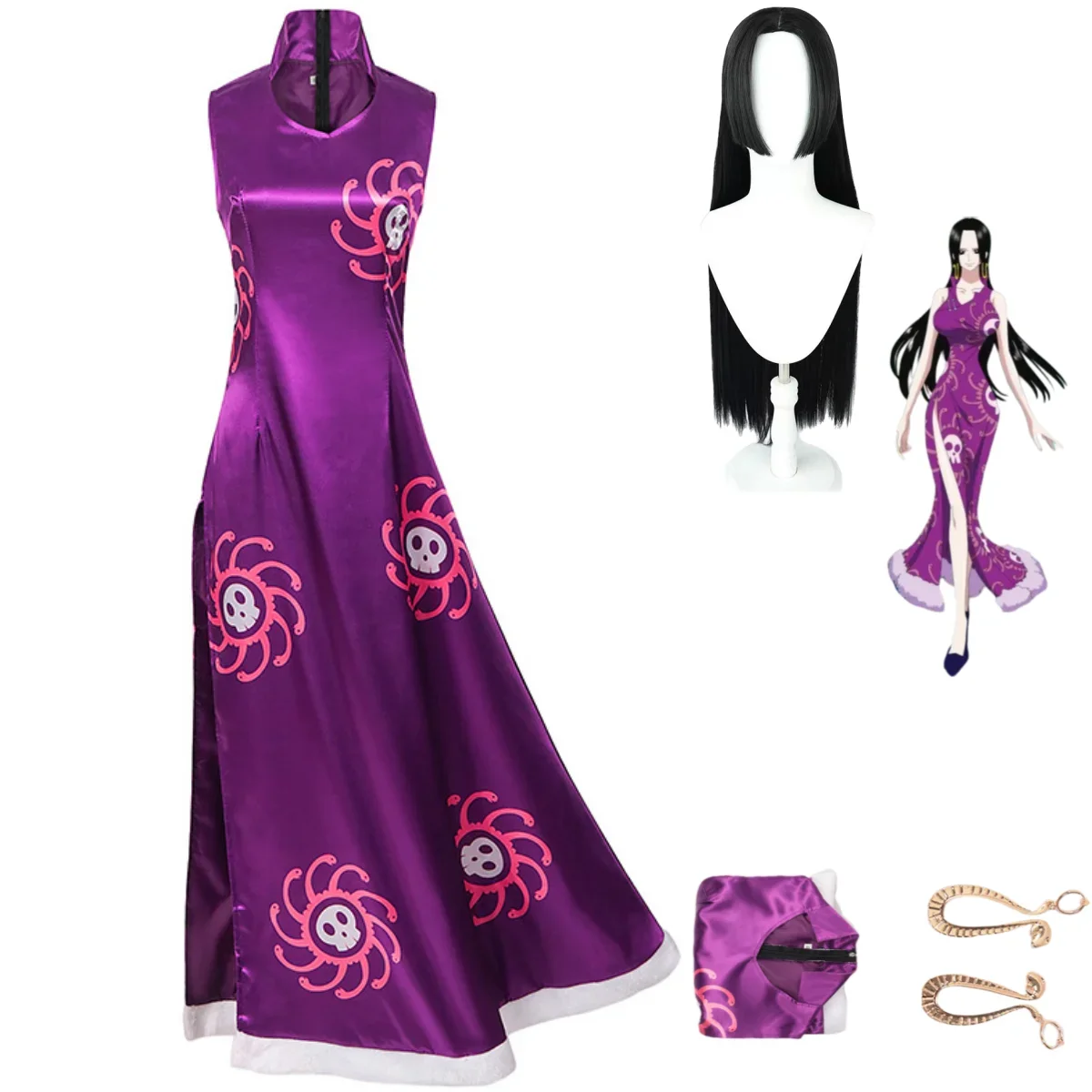 Anime Boa Hancock Cosplay Costume Warlords of The Sea Empire Purple Printing Chi-pao Dress Woman Sexy Carnival Halloween Suit