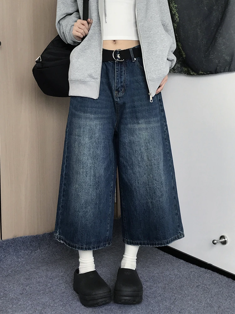 

American Retro Blue Jeans Shorts Women Fashion Casual Basic Denim Short Baggy Wide Leg Pants High Waisted Cropped Trousers Teen