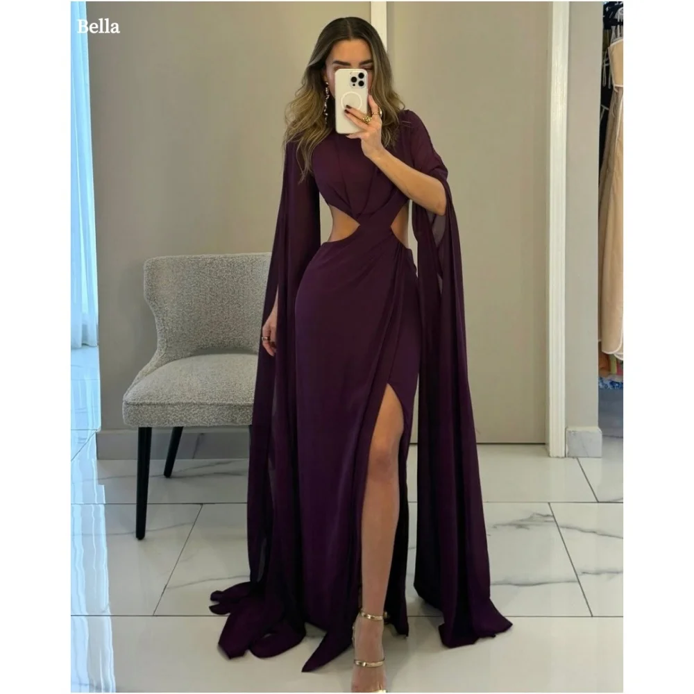 

Bella Customized Red Bare Your Waist robes de soirée Chiffon Side Slit Long Sleeves Party Dresses Floor-Length Prom Dress 2025