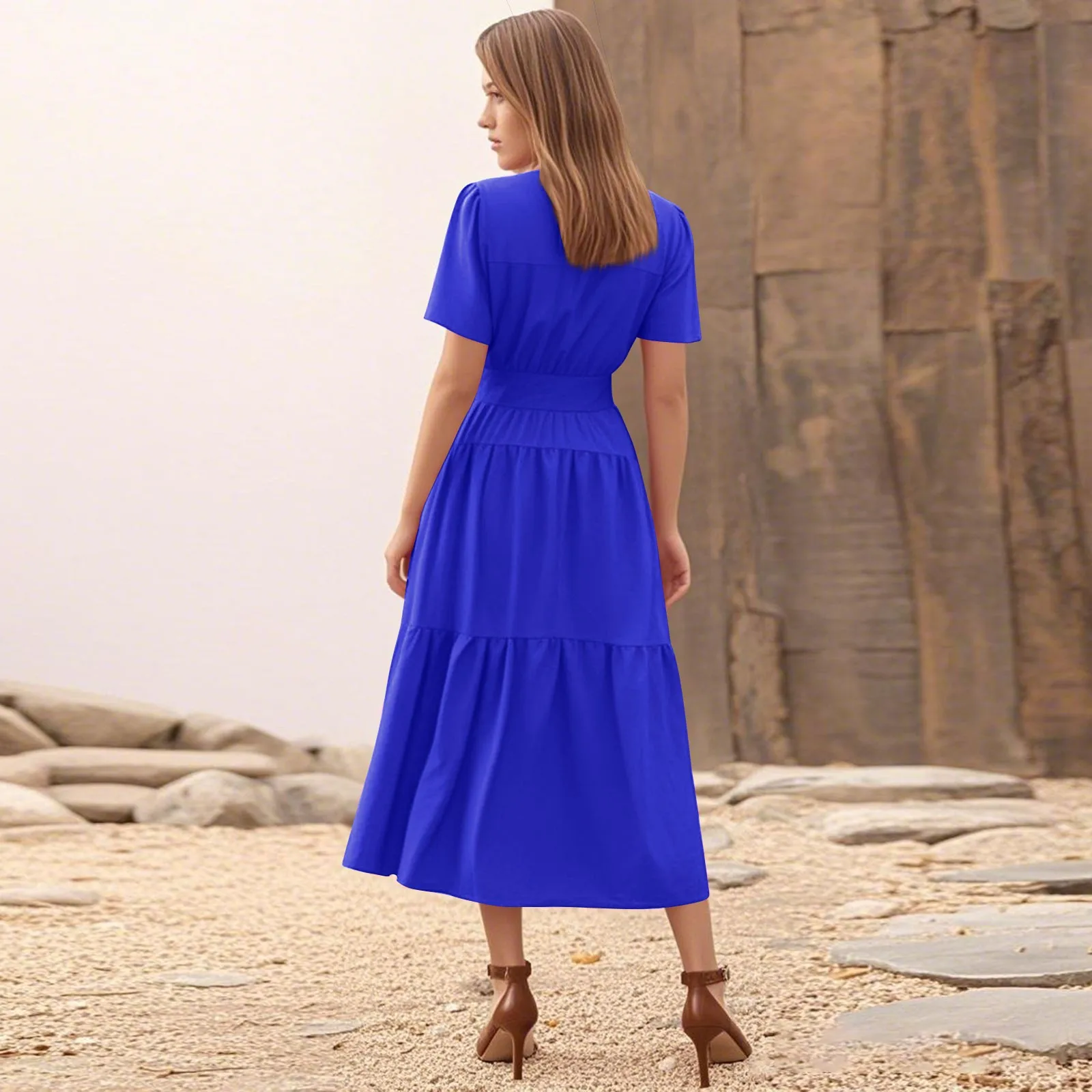 Vestido feminino solto e confortável casual all-match vestido longo em torno do pescoço cor sólida em camadas babados bainha vestidos fluidos