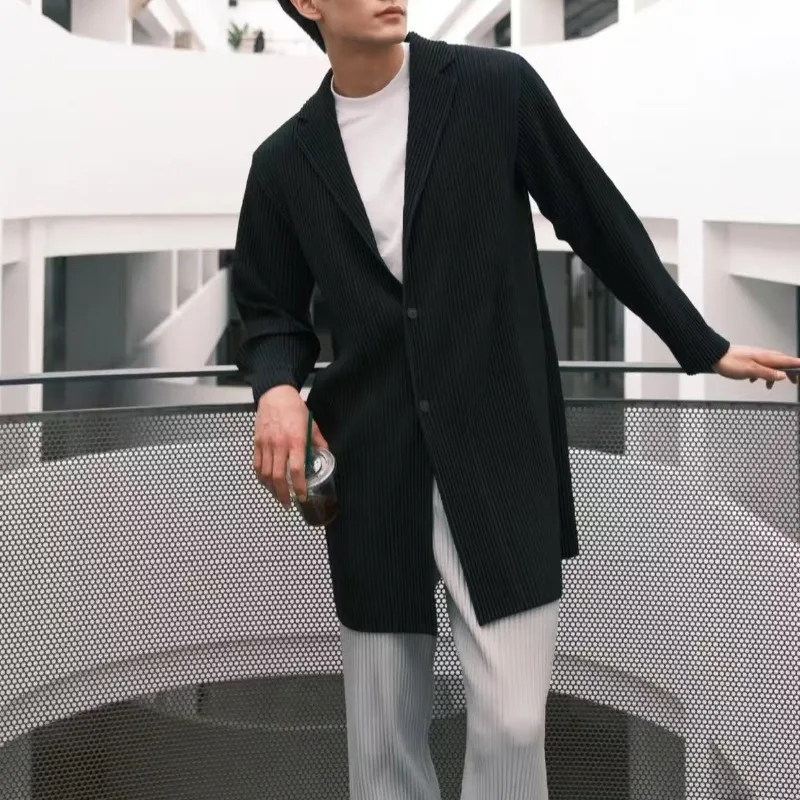 

Miyake ветрозащитный плиссированный осенне-зимний мужской плащ, повседневный драпированный пиджак средней длины, трендовая деловая рабочая одежда, Европа