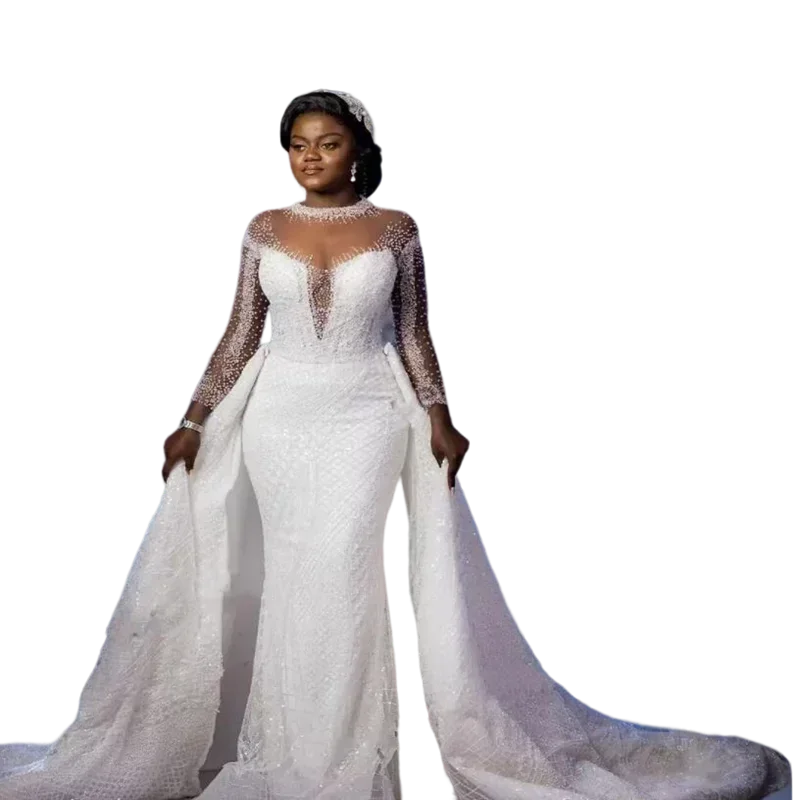Maßgeschneidertes, schweres, mit Pailletten besetztes Brautkleid im Meerjungfrauen-Stil mit abnehmbarer Schleppe und langen Ärmeln, afrikanische Brautkleider