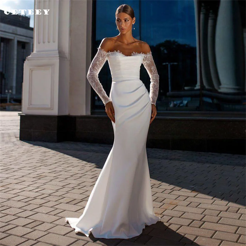 

UETEEY Customized Elegant Lace Off Shoulder Crepe Mermaid Wedding Dress For Women Pleats Lace Up Back Court Train Bridal Gown