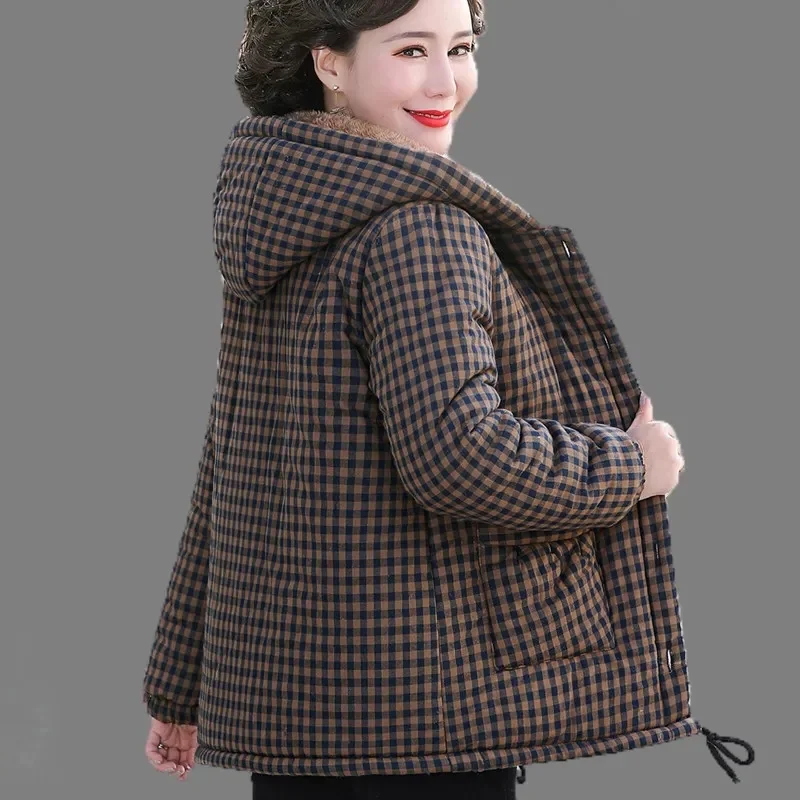 2024 Frauen Wintermantel Fleece gefüttert Baumwolle gepolsterte Jacke Plaid druck dicke warme Kapuzen oberteile übergroße Lamm wolle Mäntel