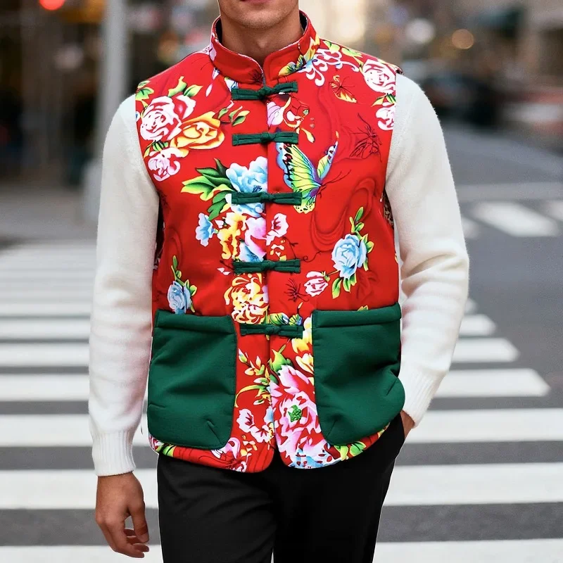 

Мужской повседневный жилет большого цвета в китайском стиле, уникальный однорядный жилет без рукавов с воротником-стойкой на пуговицах, уличный трендовый жилет с плюшевым жилетом