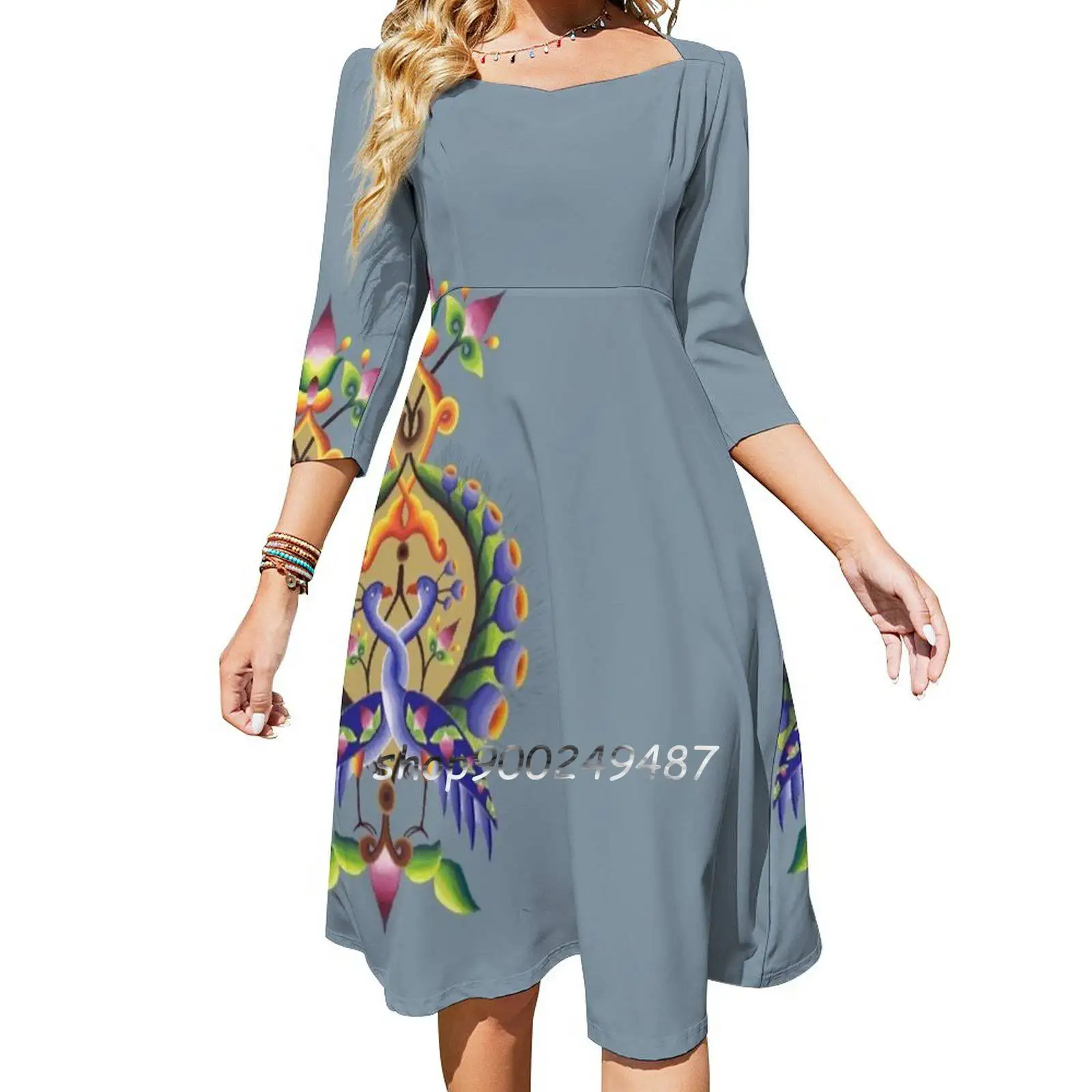 Peacocks Sweetheart Knot Flared Dress Fashion Design Large Size Loose Dress Bird Peacock Armenian Illumination Medieval History