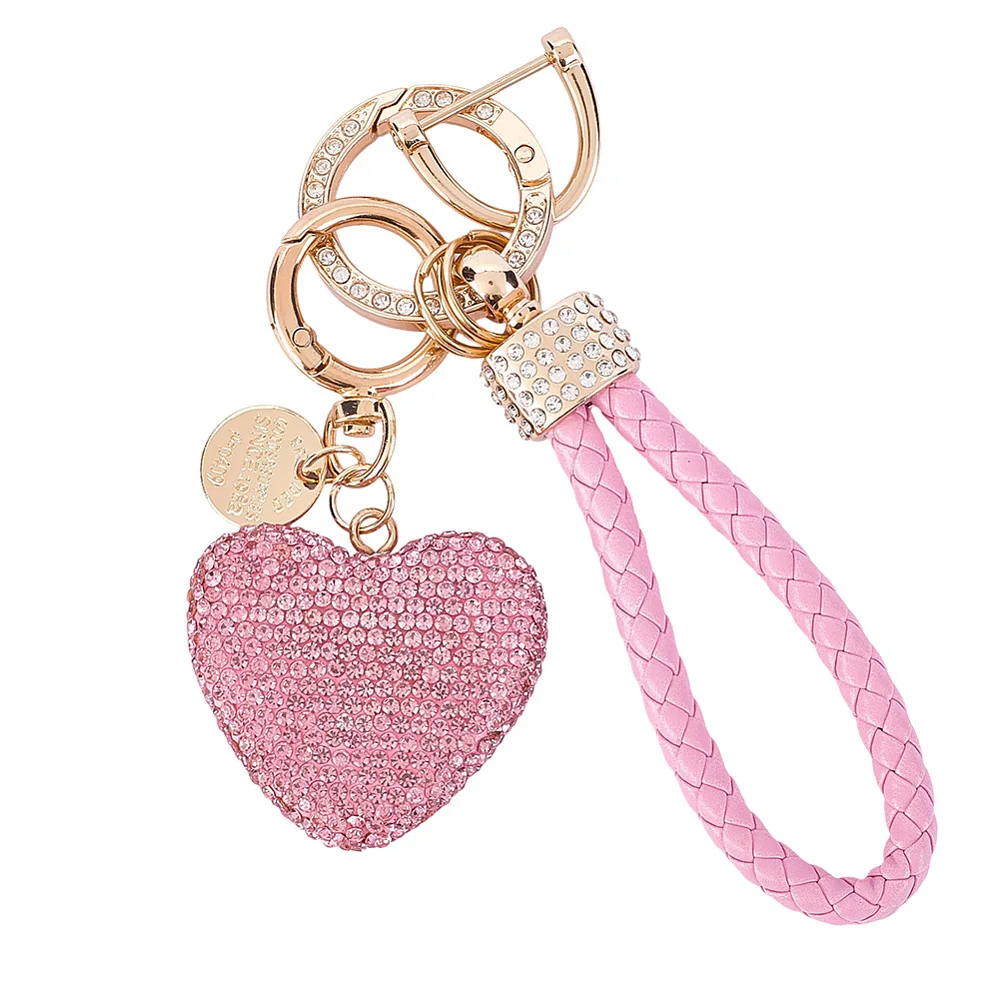 

2Pcs 2 Styles PU Leather and Alloy Rhinestone Keychain Pendant Decorations with Screwdriver Golden Heart Pink 80mm