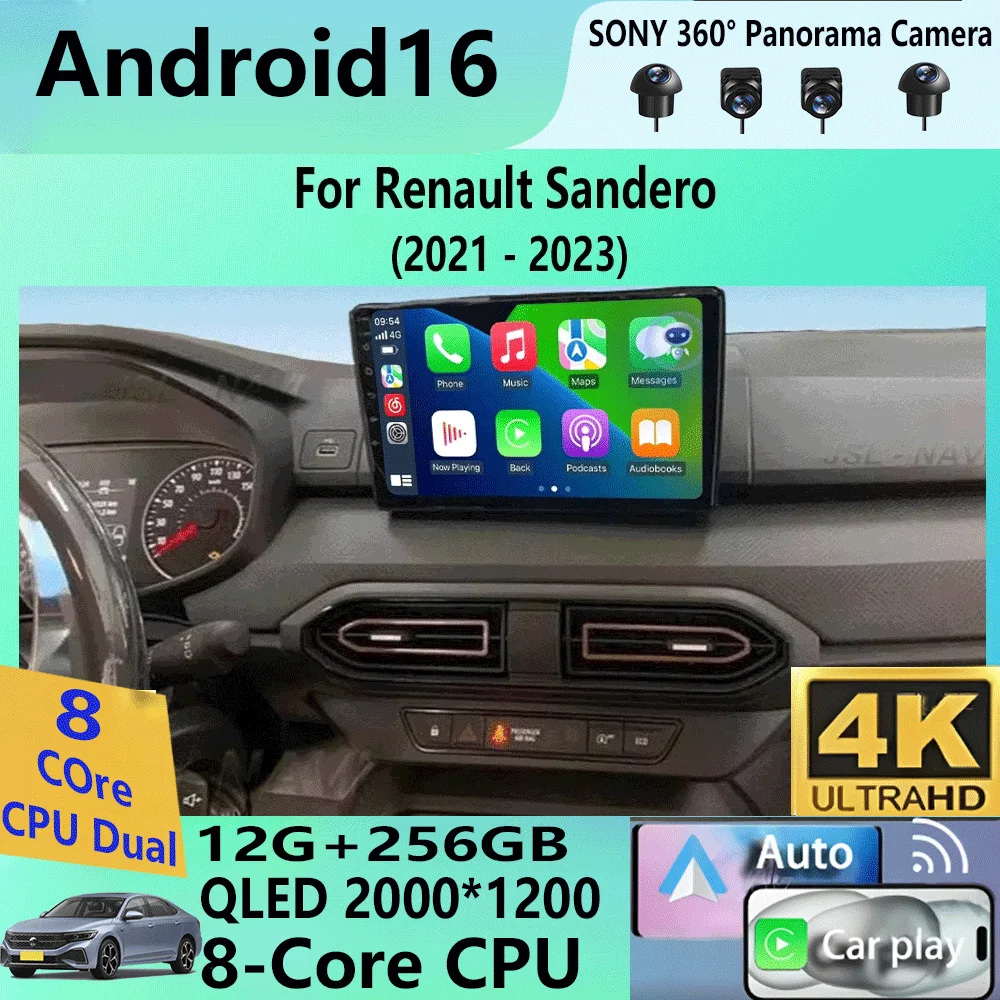 Android 16 Carplay Auto WIFI+4G For Renault Sandero 2021-2023 Car Radio Multimedia GPS Video Player Stereo 2din Head Unit Audio