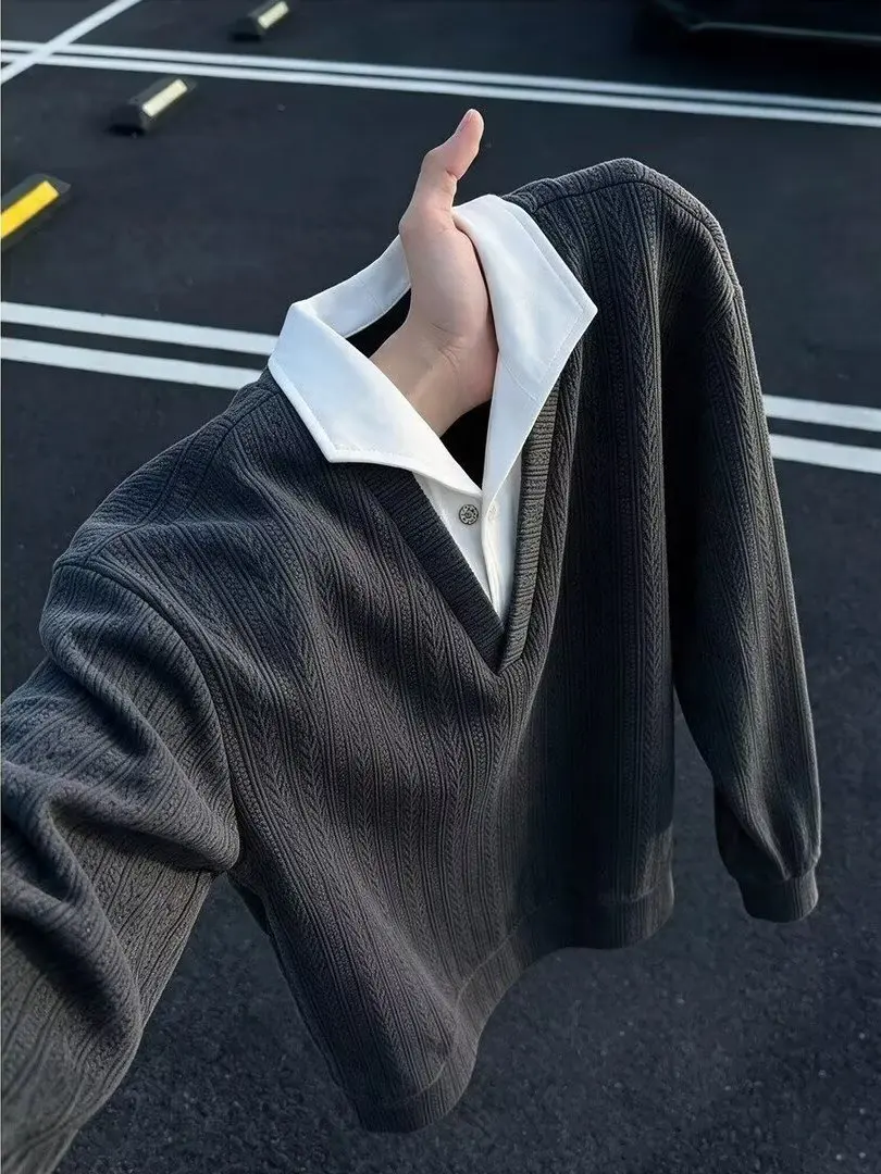 Casual Style Men's Faux Two-Piece Hoodie  Shirt Autumn Fashionable Youthful Inner Wear Base Layer Regular Fit Long Sleeve