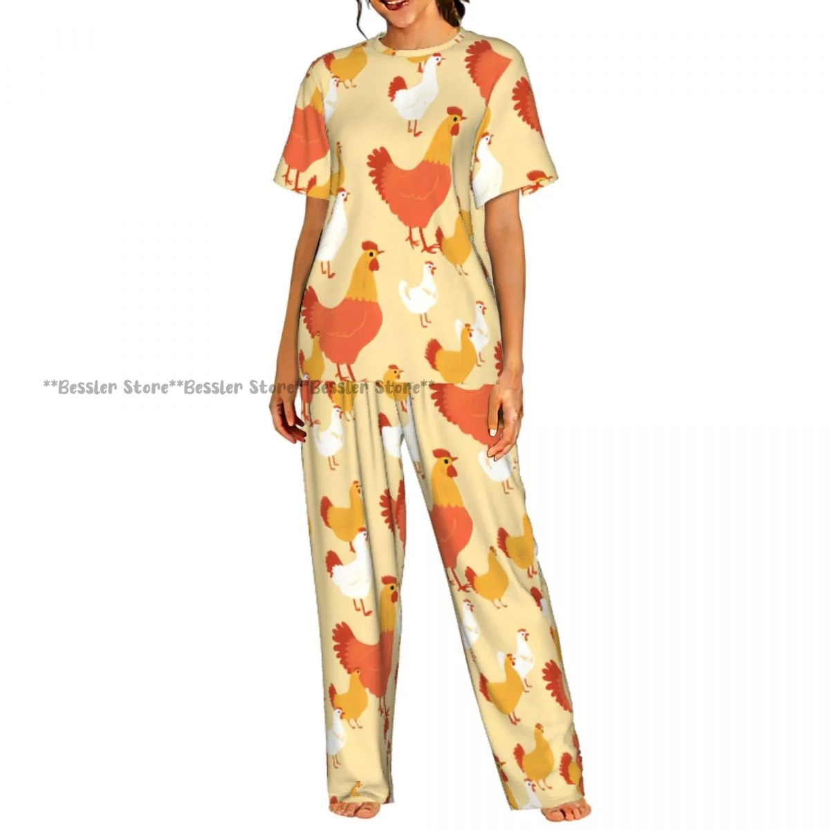 

Women Pajama Sets Lounge Sleepwear Poultry Chicken And Roosters Pattern Short Sleeve Nightwear