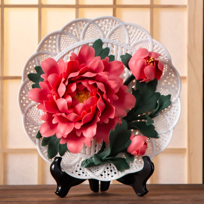 

Ceramic Handmade Peony Flower Hanging Plate Art Ornaments, Living Room Decoration Crafts, Housewarming Gifts, Purely Handmade