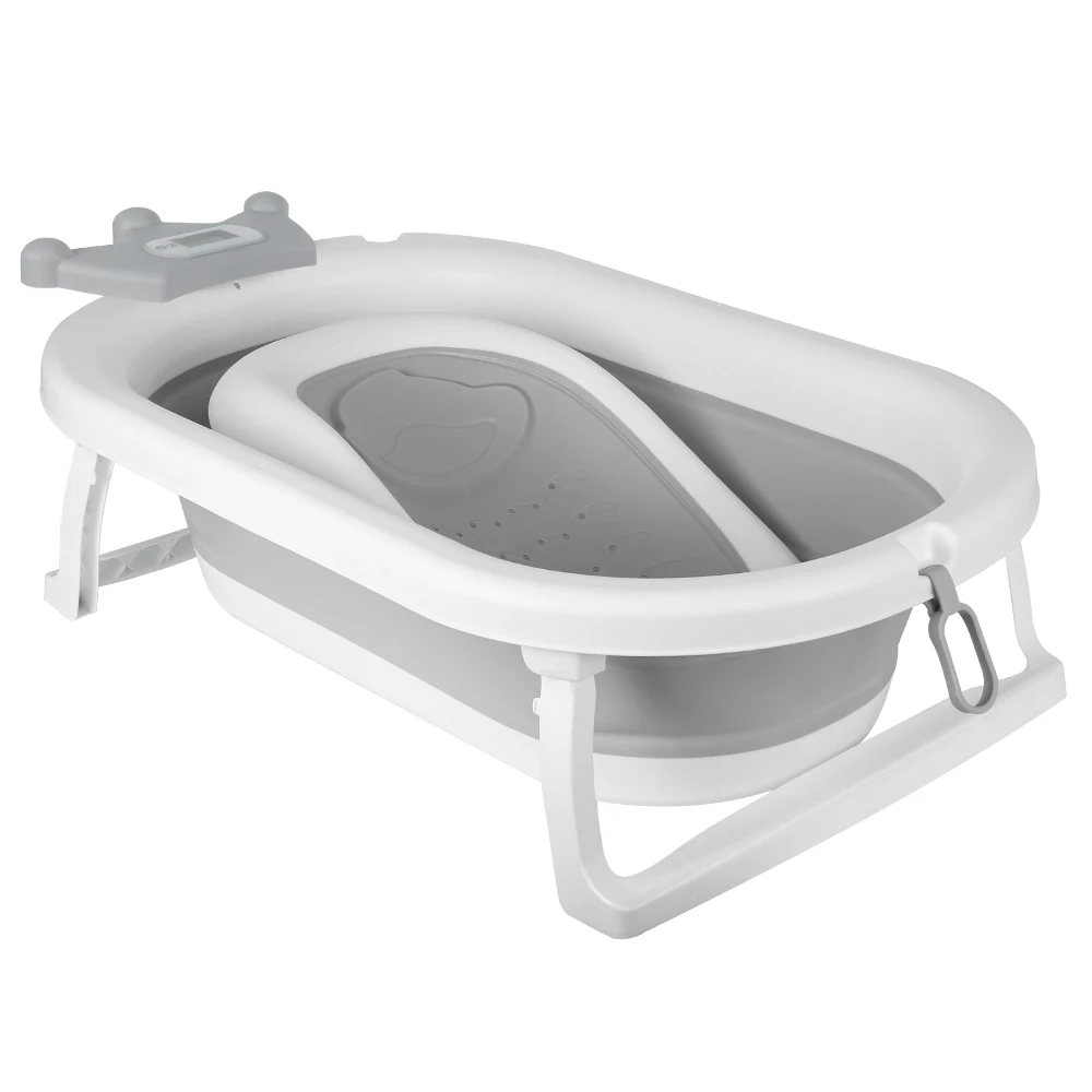 Foldable Bathtub Suitable for Babies 0-36 Months, Ergonomic and Space-Saving, with Water Thermometer, Seat, Bath Cap, 82 X 43 X 20 Cm, Grey, Bear/Crown/Rabbit/Leaf