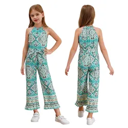 Kids Girls Casual Bohemian Style Jumpsuit Summer Sleeveless Floral Print Ruffle Hem Romper with Belt for Vacation Beach Clothes