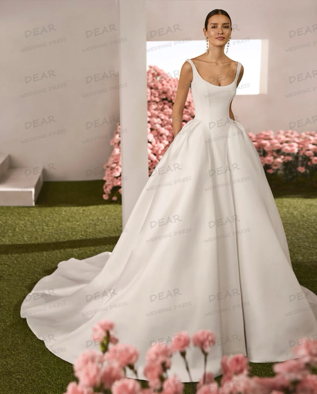 Simple Wedding Dresses Sexy Women A Line Boat Neck Bridal Gowns Sleeveless Satin Formal Sweep Train свадебное платье Customized