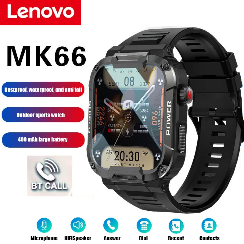 Lenovo New 2024 MK66 Smart Watch Men Women Full Touch Blood Pressure Oxygen HD Large Screen BT Talk IP68 Waterproof Smart Watch