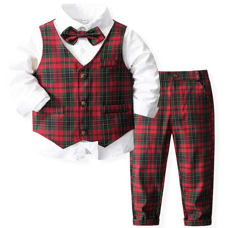 

4Piece Autumn Toddler Boy Clothing Korean Outfit Set Fashion Gentleman Plaid Vest Baby Tops+Pants+Tie Children Clothes BC1780