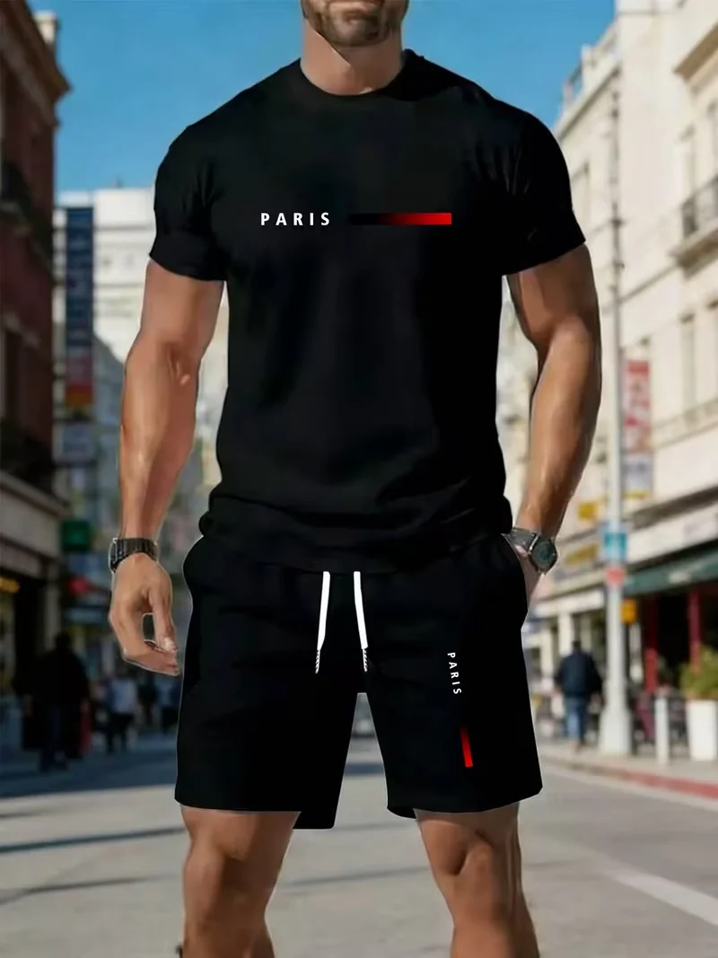 Men's sports two-piece set short sleeved T-shirt and shorts running and fitness sportswear summer promotion latest hot selling