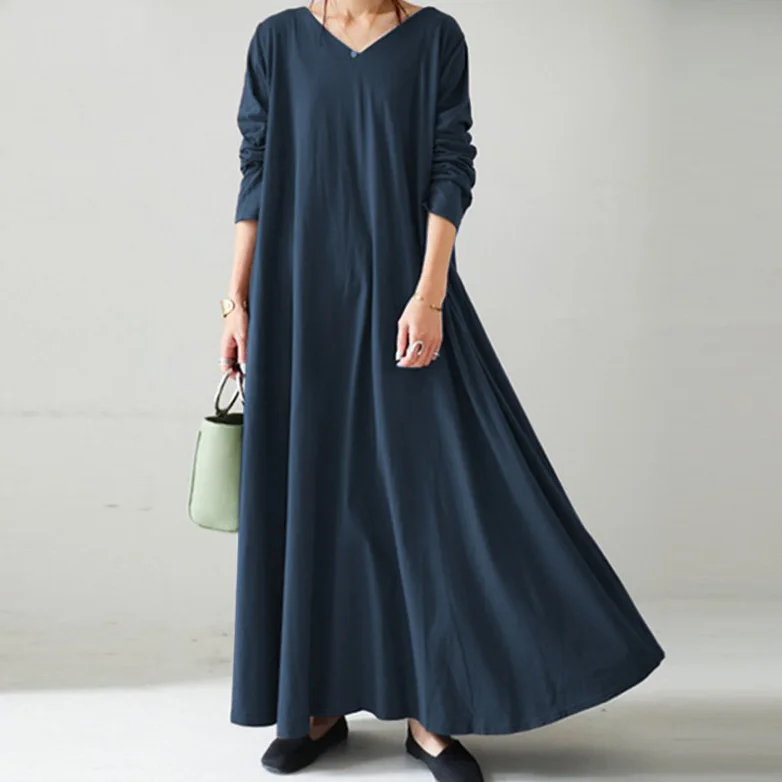 Women's Ethnic Style V-neck Cotton Linen Long Sleeve Dress Solid Swing Loose Fit Elegant Dresses For Women