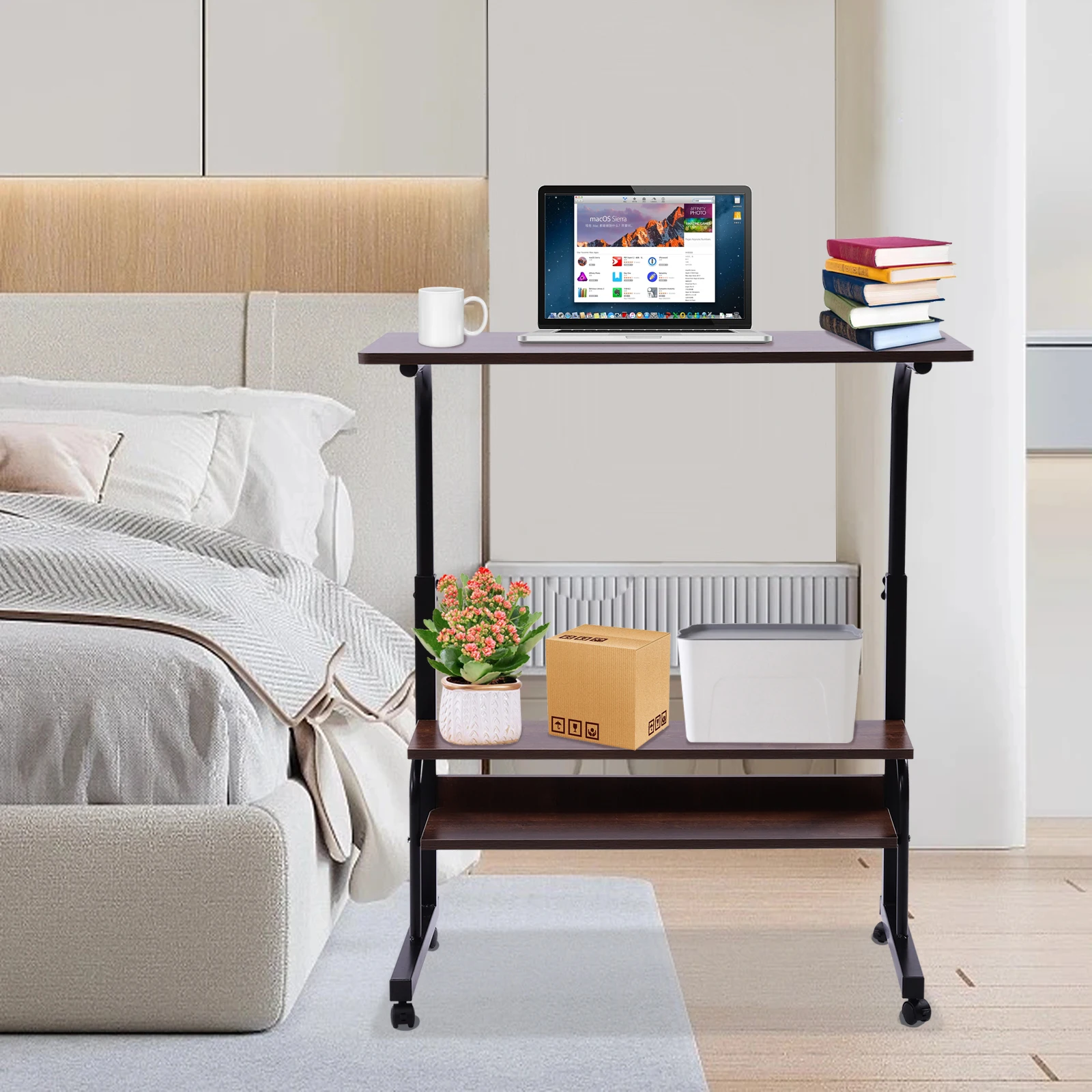 Mobile Side Table Laptop Desk Cart Tray Adjustable Rolling Sofa Table US