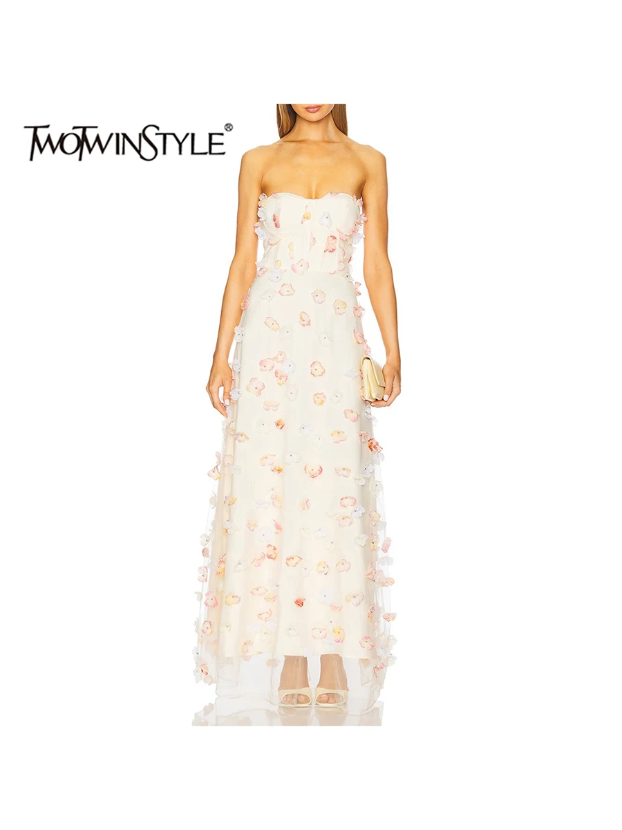 

TWOTWINSTYLE Hit Color Spliced Appliques Elegant Dresses for Women Strapless Sleeveless Patchwork Mesh Fashion Dress Female New