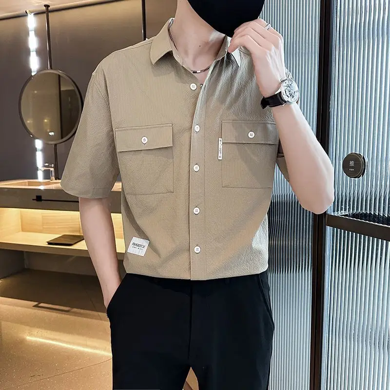 2024 Summer New Men's Polo-Neck Screw Thread Button Pockets Solid Color Stylish Loose Casual All-match Half Sleeve Shirt Tops