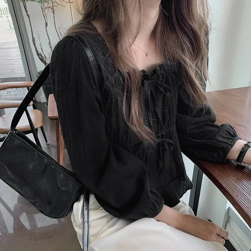 Sweet Linen Cotton Shirt Casual Square Collar White Blouse Korean Style Long Sleeve Tops Fashion Soft Clothes Blusas Femme 11700