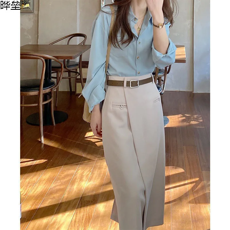 

French minority design shirt skirt suit women's summer fashion temperament Hepburn wind skirt two-piece suit