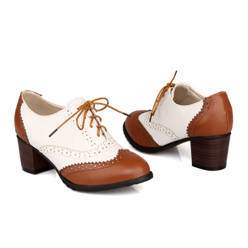 Ladies Patchwork Lace-Up Single Shoes Leather Zapatillas Pointy Toe Pumps Wood Texture Heels 5.5cm Bige Brown Black 2022 Newest