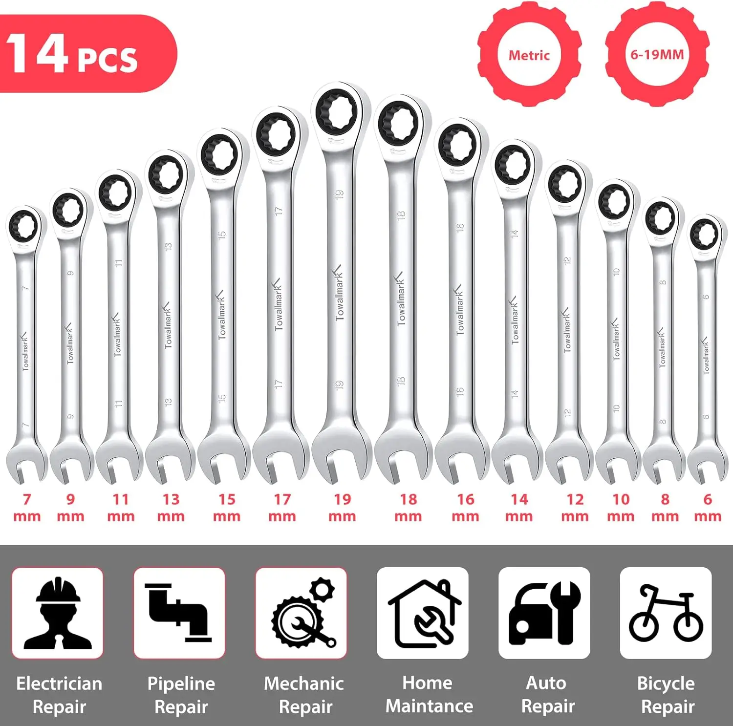 14-Piece Wrench Set, Ratcheting Wrench Set, Metric 6-19mm, Fixed Head Ratcheting Combination Wrenchs, Chrome Vanadium Steel