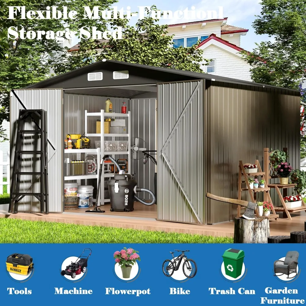 10' × 8' FT Storage Shed, Metal Storage Sheds with Lockable Door, Waterproof Shed Outdoor Use, Tool Shed with Windows