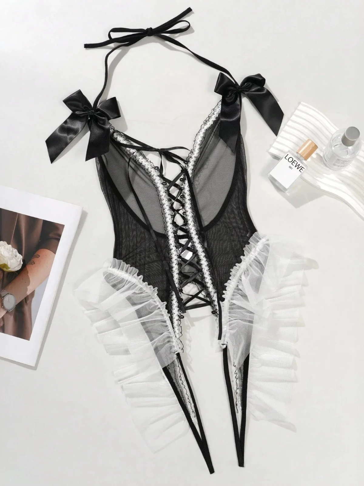SsTss Sexy Lingerie Exotische Kostuums Vrouwen Crotchless Bodysuit Strik Halter Lace-up See Through Ultra Dunne Sheer Mesh Ondergoed
