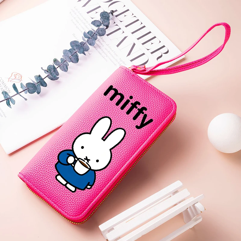 Cartoon Miffy Kaninchen Damen Geldbörse aus PU-Leder, lange Brieftasche, niedlicher Hasen-Mädchen-Ausweishalter, Reißverschluss-Münzbörse, Geldbeutel, Geldklammer