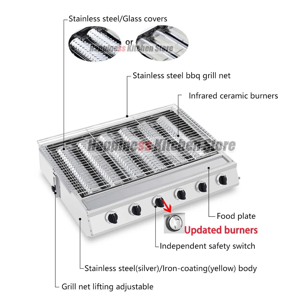 2/3/4 Burners BBQ Grill LPG Gas Grill Gas Stoves Stainless Steel Burners With Glass Covers Outdoors Camping Barbecue