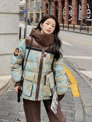 Outerwear Winter Warm Hooded Short color matching Women Down Jacket New 90% White duck down Loose camouflage Women's Puffer Coat