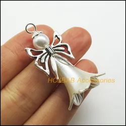 8 New Pure White Acrylic Angel Charms Silver Plated Morning Glory Flower Pendants 20x41mm