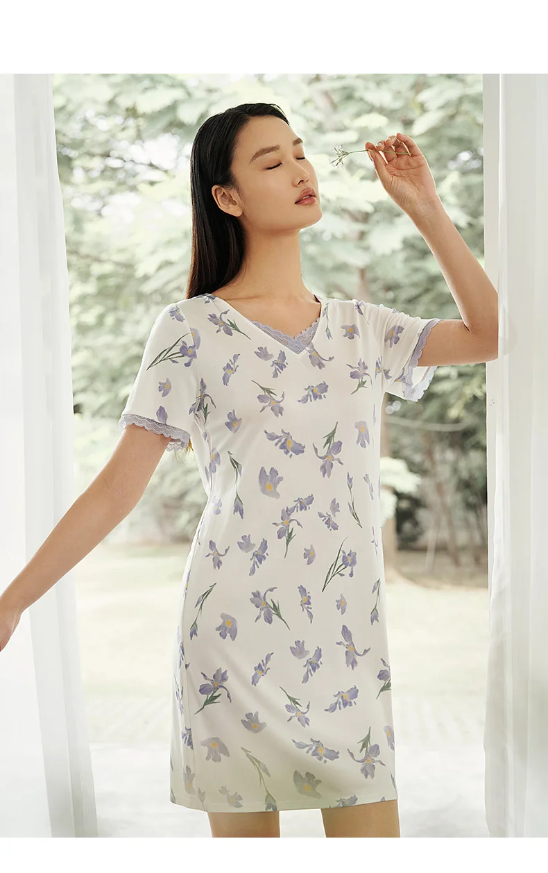 Winsleter,Women Short Sleeve V Neck,Sweet Casual Nightdress,100%Mulberry Silk Printed Pajama Dress,2024 Summer New P435121QC